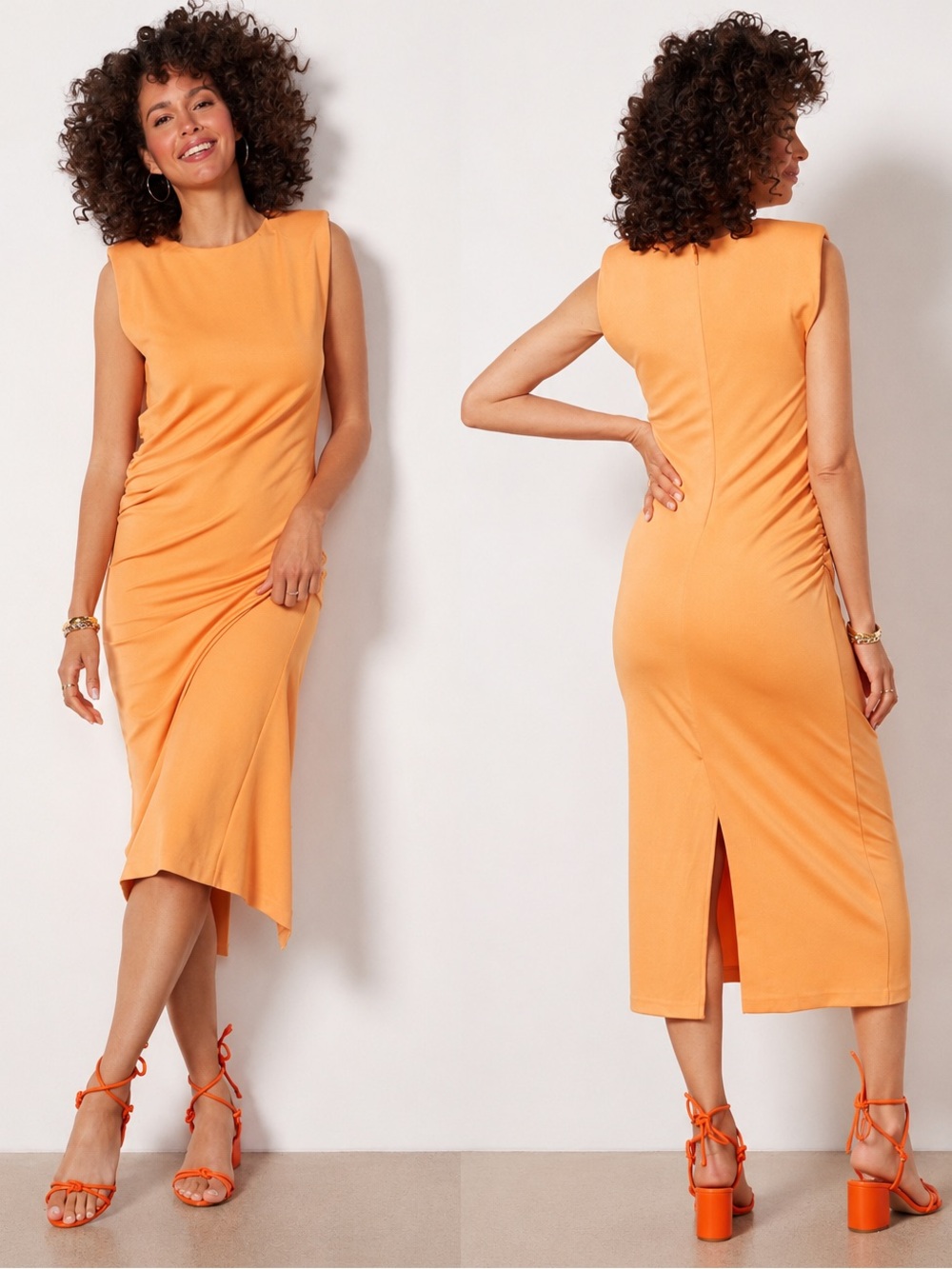 EVEREVE Zoe Strong Shoulder Orange‎ Stretch Ruched Midi Dress Size S